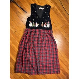 Vintage Casey & Max Holiday Plaid Dress Snowman Christmas Sleeveless Large